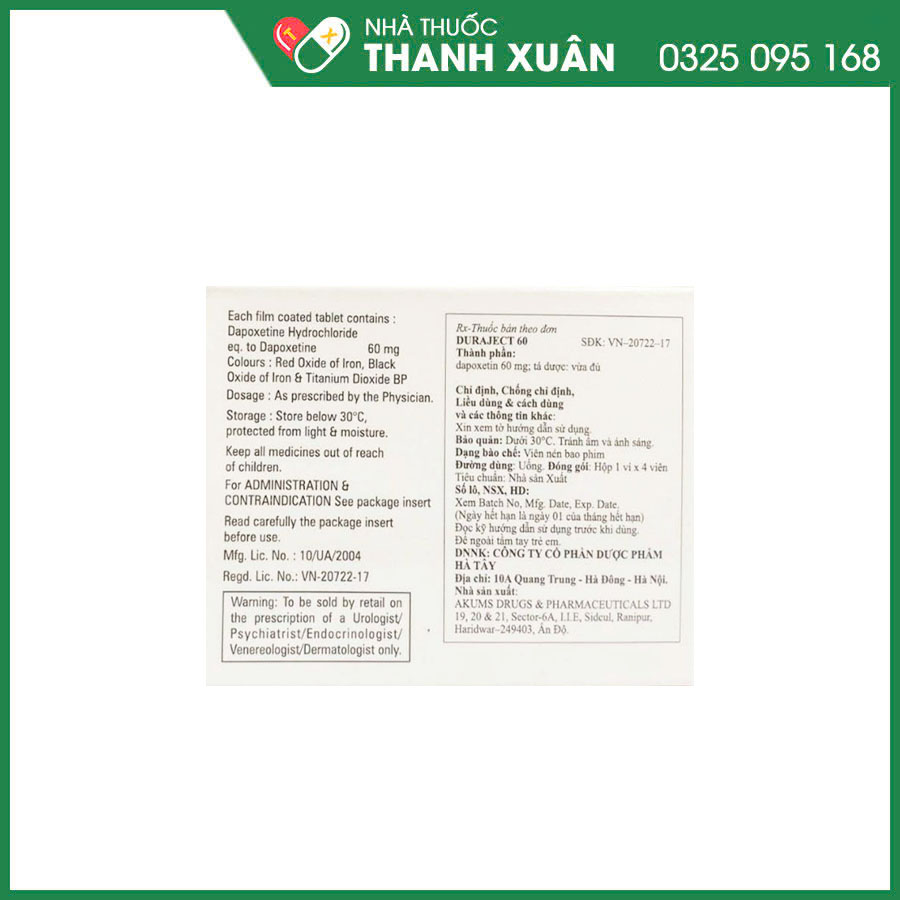 Duraject-60 thuốc điều trị xuất tinh sớm và kiểm soát hiện tượng xuất tinh